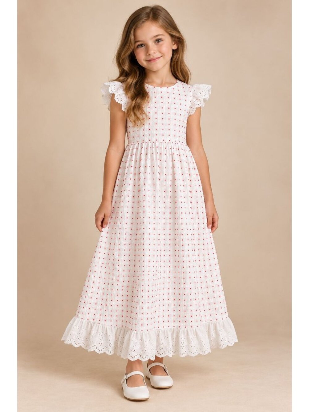 white cap sleeve maxi-length dress featuring a red micro-dot tie-back sashes